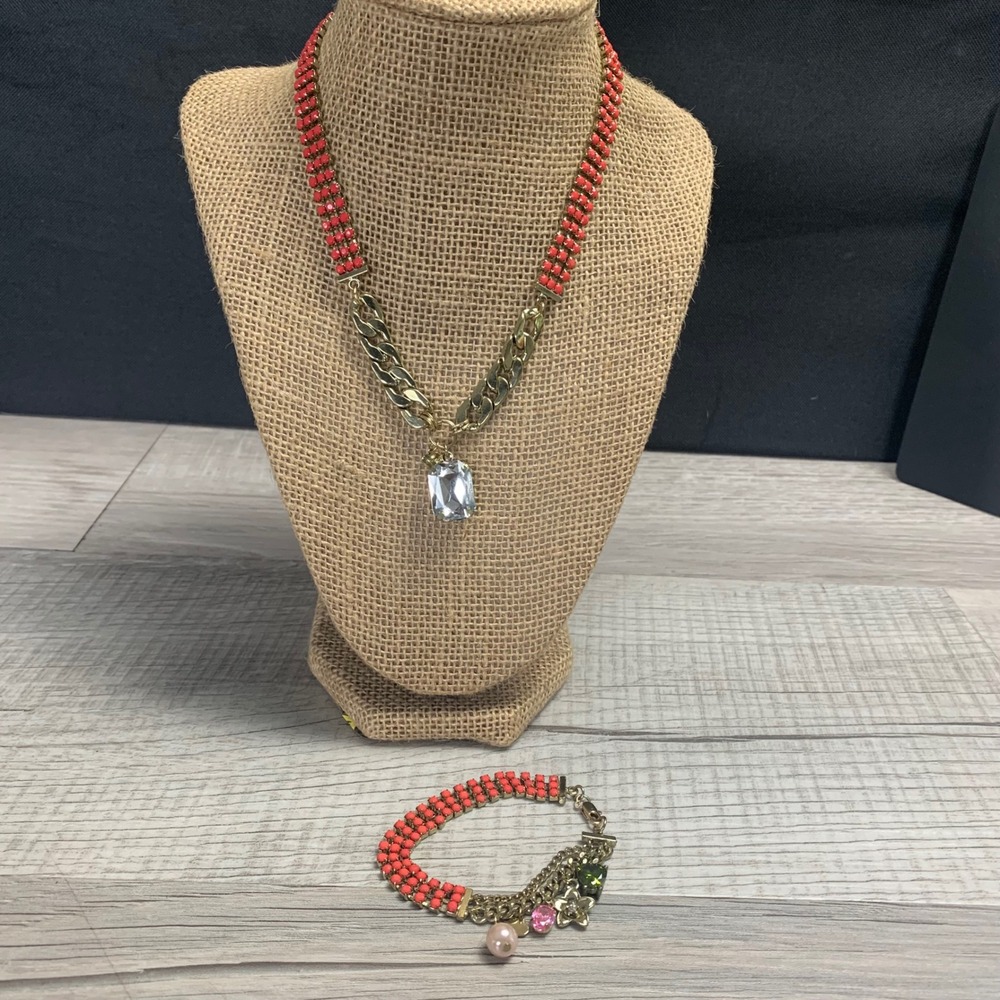 Coral Bead Gold Tone Chain Crystal Pendant Necklace and Charm Bracelet Set